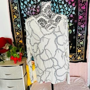 Jennifer Lopez Women’s Long Sleeve Rhinestone Embellished Chain Print V-Neck Top